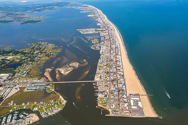 Aerial view of Ocean City Maryland showing beachfront skydiving location